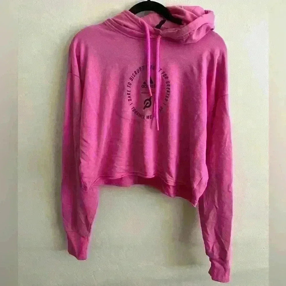 Adidas Embroidered Pink Cropped Pullover Hoodie